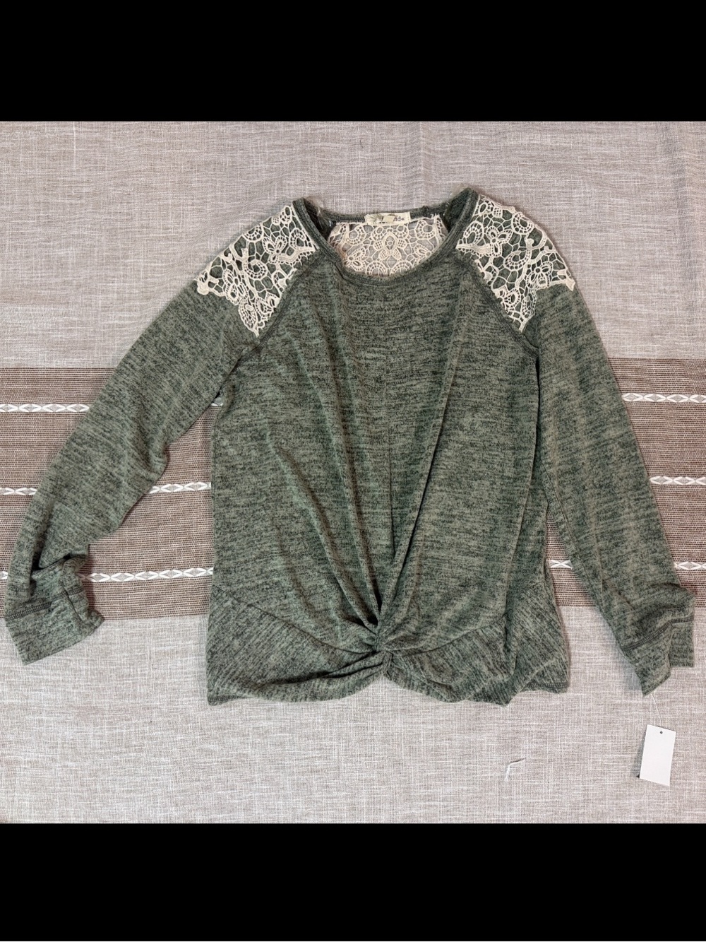 Rewind Olive Green Lace-Shoulder Twist-Front Pullover